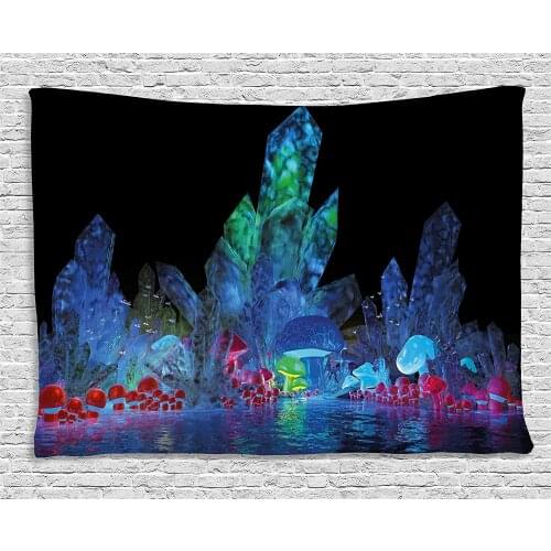 Psychedelic Tapestry, Magic Crystals Background Effects Mystic Nature Artistic with Neon Light Image, Wall Hanging Tapestry