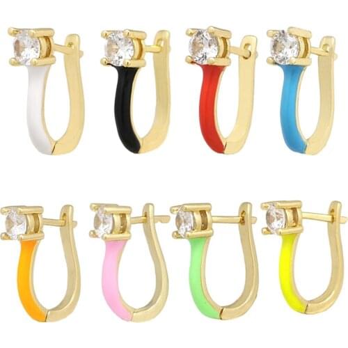 1 Piece Hoop Clip Earrings Enamel Neon Green Yellow Bright Fluorescent Jewelry Geometric U Shape Clear CZ Gold Color Earring