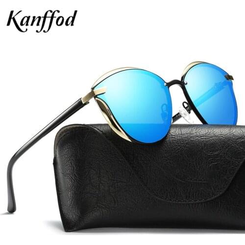 Kanffod Fashion Cat Eye Womens Polarized Sunglasses Brand Design Blue Ocean Lens Gold Mirror High Quality Driving Travel Goggle