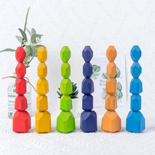 Baby Toy Wooden Jenga Building Block Colored Stone Creative Educational Toys Nordic Style Stacking Game Rainbow Stone Wooden Toy