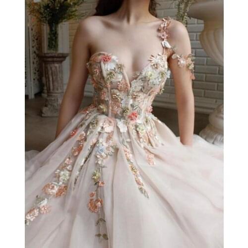 Elegant Prom Dress Long V-Neck Appliques with Flowers Handmade Side Split Tulle Evening Gowns Party Graduation vestido de festa