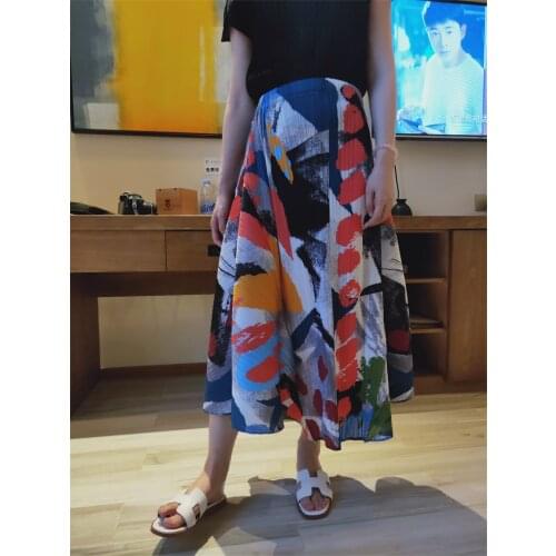 Miyake Pleated Graffiti Print Skirt Summer Plus Size Skirt niche designer aesthetic clothes