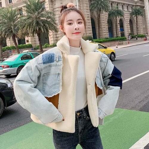 2021 Winter Fashion Patchwork Irregular Hit Color Coats Women Lapel Collar Long Sleeve Vintage Autumn Denim Jackets Female