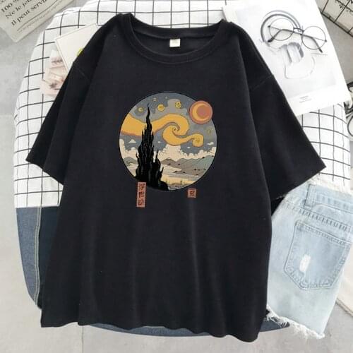 Starry Ukiyo-e Night Japan Comics Tshirt Womens Cartoon Soft Tshirts Comfortable Summer Loose T Shirt Hip Hop Crewneck T Shirts