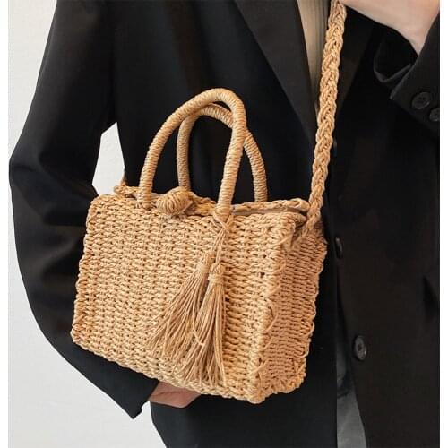 Bohemia Woven Box Straw Bags for Women Handbag Boho Tassel Braided Shoulder Crossbody Bag Travel Rattan Clutch Purse Beach Bag