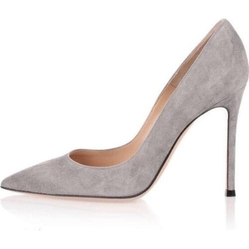 Top Quality Gray Suede High Heel Pumps Pointed Toe Slip-on Women Party Dress Shoes Sexy 2018 Women High Heels Shoes Size 10