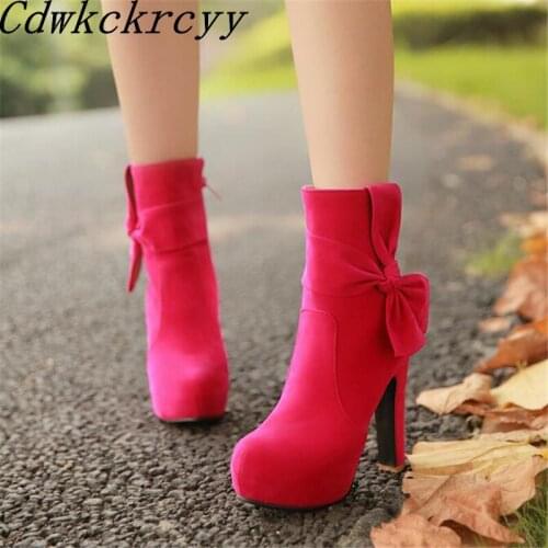 Winter New pattern fashion Round head gules Sweet Bow High-heeled Short boots Add wool Keep warm Fine heel Women Boots size34-39