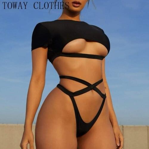 Women Summer Shirt Sleeve Cutout Bandage Plain Lingerie Set