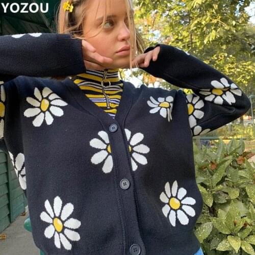 Harajuku vintage daisy pattern black cardigan sweater women female v-neck single breasted sweater YL-80