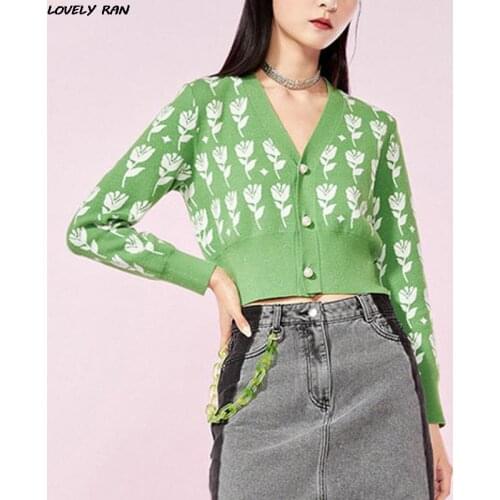 Floral Print Pearl Buttons Sweater Cardigan Women Loose Knitwear Coat Winter Casual Ladies Long Sleeve V Neck Outerwear Sweaters