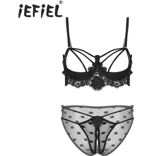 Women See-through Mesh Lingerie Suit Ladies Lace Embroidered Open Cup Bra Tops with Strappy Crotchless Sheer G-string Underpants