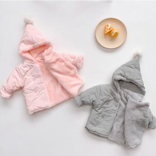 Winter New Solid Color Plus Velvet Warm Baby Jacket Cute Long-sleeved Hooded Baby Coats Childrens Outerwear Kids Clothes 2020