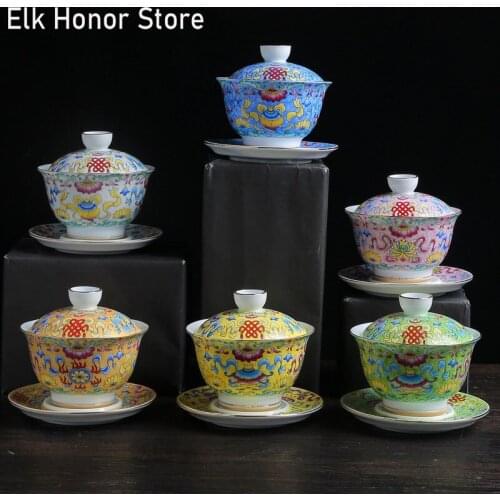 150ml Colorful Enamel Gaiwan Chinese Teaware Sancai Tea Bowl Service Tea Cup And Saucer Set Teacup Jingdezhen Porcelain Tureen