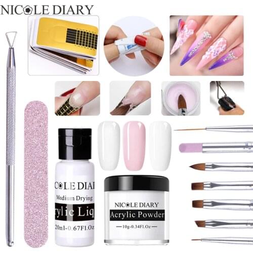 NICOLE DIARY Acrylic Powder Liquid Set Clear Extension Builder Crystal Nail Glitter 3D Nail Tips Carving Tools Nail Accessories
