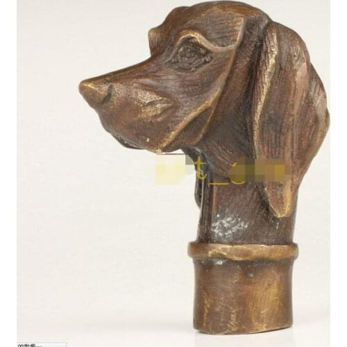 Asian Vintage Brass Casting Dog Cane Walking Stick Head Handle Decoration Statue