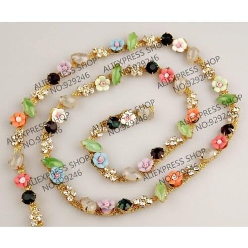 Free shipping 1 yard/pack colorful stone flower crystal chains in gold tone rhinestone trimmings for bridal headwear decoration