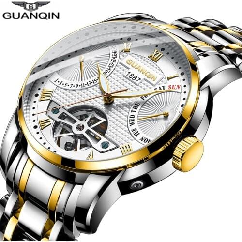 GUANQIN Watch Men Mechanical waterproof Automatic Tourbillon style Stainless steel business watch clock man Relogio Masculino