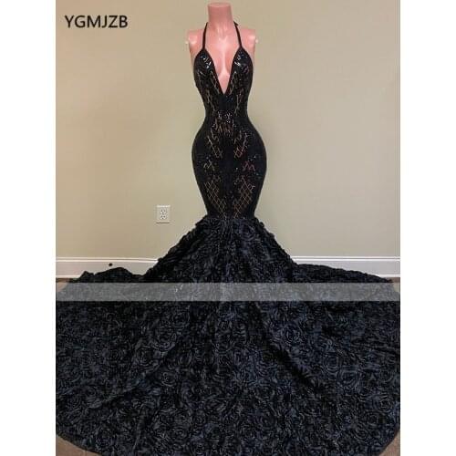 Black Sparkly Sequin African Girl Long Prom Dresses 2020 Halter 3D Flowers Train Mermaid Formal Party Evening Gown Vestidos
