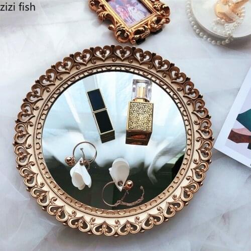 Nordic Trays Decorative Heart-shaped Lace Framed Glass Mirror Jewelry Storage Box Plastic Plates Ornaments Cosmetic Storage Tray