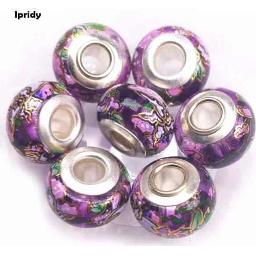 20Pcs/lot 14mm Amythist+Morning glory European Beads with Silver Brass Pipe core,Large Hole Glass Beads for Jewelry Making