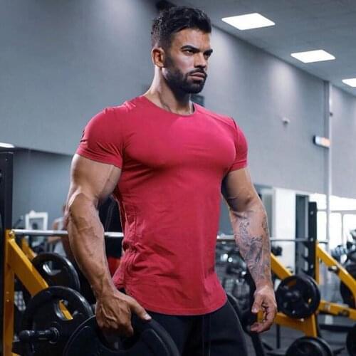 Gym T-shirt Men Cotton Running Short Sleeve T-shirt Slim Fit T Shirt Male Fitness Bodybuilding Workout Tee Tops Summer Clothing