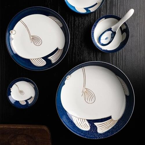 Japanese Style Ceramic Plate Dishes Bowl Creative Fish Plate Noodels Bowl Soup Bowl Round Dishes Household Ceramic Tableware