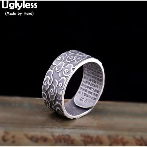 Uglyless Solid 990 Full Silver Heart Sutra Buddhistic Open Rings for WomenEthnic Clouds Patterns Vintage Rings 925 Silver R841