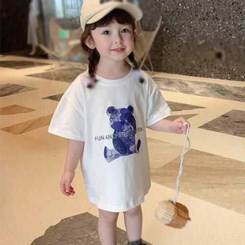 Summer Girls Dress Cute Bear Print Cartoon Cotton Round Neck Casual Girl Short Sleeve Sundress