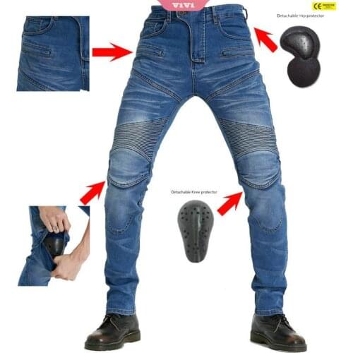 Motorcycle Pants Mens Slim Stretch Pocket Jeans Anti-fall Protective With Protective Gear