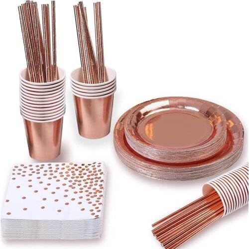 146pcs set Rose Gold Party Disposable Tableware Set Party Paper Cups Plates Table Decoration Wedding Birthday Party Supplies
