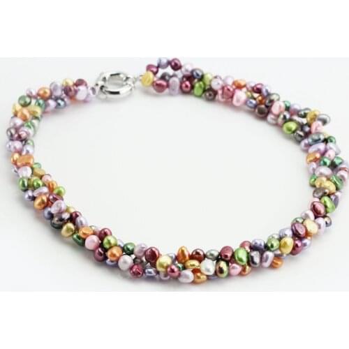 Mixes Color Baroque Pearl Necklace,Twisted 3Lines Real Freshwater Pearl Jewellery