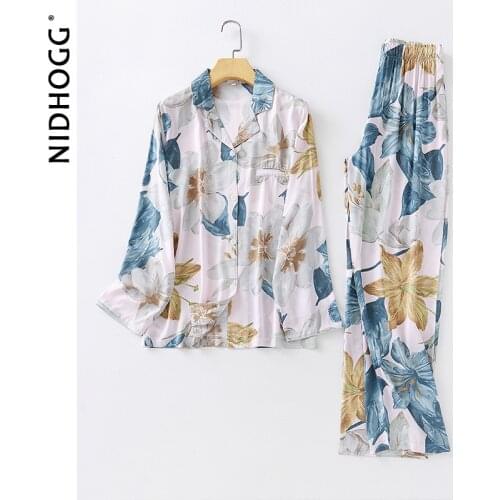 Spring Rayon Pajama Set Long Sleeve Print Sleepwear Lapel Two Piece Set Summer Loungewear Loose Pajamas for Women Home Wear