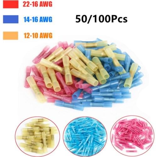 50/100Pcs Heat Shrink Butt Crimp Connectors Waterproof Fully Insulated Seal Wire Connectors Cable Crimp Terminals Assortment