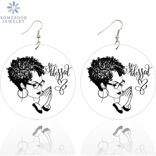 SOMESOOR AFRO Curly Lady Wooden Drop Earrings With LOCS And Hoops Africa Natural Hair Both Sides Painted Jewelry For Women Gifts