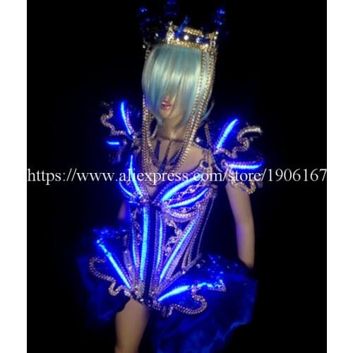 Led Luminous Sexy Women Ballroom Costume LED DJ Nightclub Party Evening Crystal Dress Clothes For Dancing Stage Show Bar Props