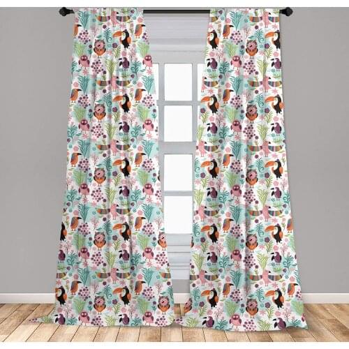 Tropical Curtain for Kids Rooms Exotic Birds Cartoon Style Toucan Owls and Parrots Hawaii Flora and Fauna Window Drapes