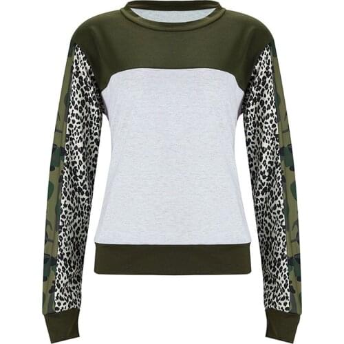 Spring Women Camouflage Leopard Pullover Femme Patchwork Loose Long Sleeve Pullover Lady Autumn Crew Neck Army Green Jumper Tops