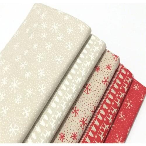 Vintage 22x24cm 5 Designs White Red Chrismtas Snowflakes & Trees pattern Printed Cotton Linen Fabric Bundle