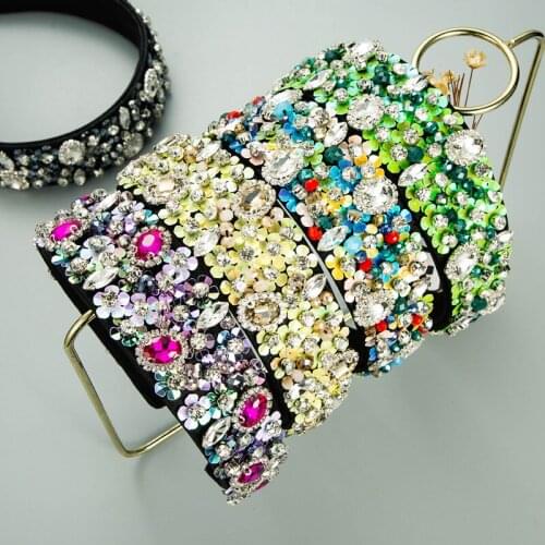 Hot Selling New Crystal Flower Headbands Bling Colorful Rhinestone Diamond Luxury Wide Cross Hairband Women Hair Accessories