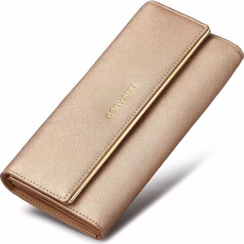 Women Genuine Leather Wallets Fashion Female Long Multi-functional Tri-fold Metal Buckle Coin Purses Ladies Clutch Card Holder