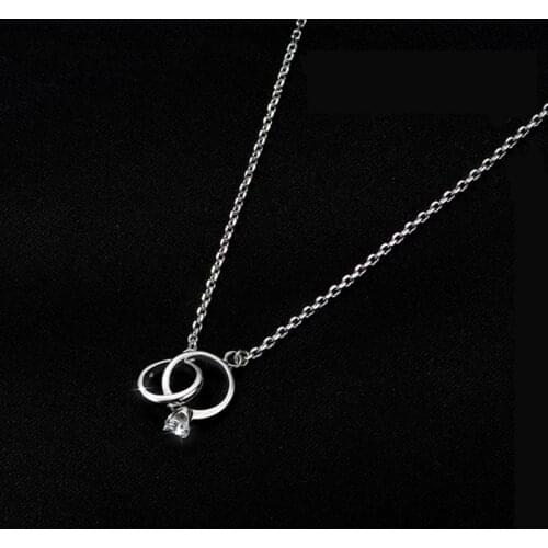 Fashion Womens S925 Silver Plated Double Ring Diamond Ring Pendant Personalized Necklaces XL398
