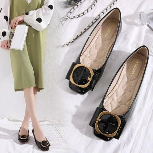 Spring New Square Head Flat Shoes Womens Leather Shoes Extra Big Size 44 45 46 Small Size 31 32 33 Solid Color Flat Heel Lady