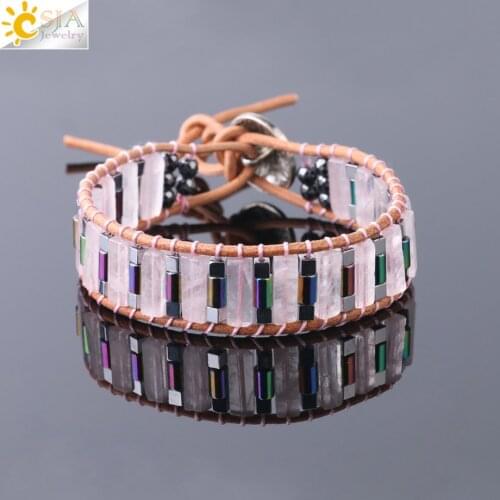 CSJA Women Boho Bracelet Tube Natural Gems Single Leather Wrap Bracelets Semi Precious Stone Beaded Cuff Bangle Dropship S221