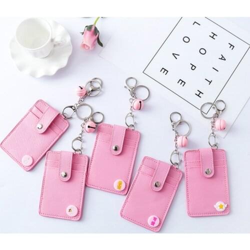 Women Pink PU Leather Card Holder Business Card Case Student Cute Bell Hasp ID Credit Card Bag with Keyring for Lolita Girls