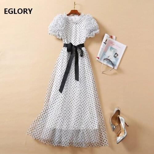 New 2021 Spring Summer Runway Long Dress Women O-Neck Polka Dot Print Cascading Ruffle Lace Patchwork Casual Party Maxi Dress