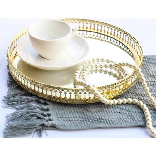 Gold Metal Round Candle Mirror Base Glass Tray Serving Dressing Table Perfume Jewelry Makeup Decorative Vanity Tray Organizer