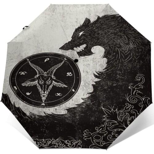 Wind Resistant Folding Automatic Umbrella Women Auto Wolf And Pentagram Horned Goat Head Windproof Umbrellas Rain For Parasol