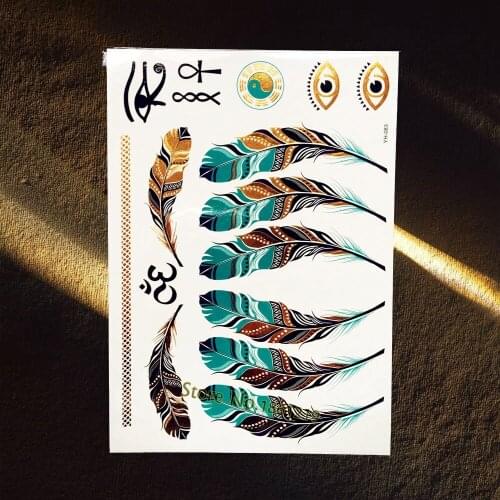 1PC Gold Temporary Tattoos Indian Feather Designs Flash Metallic Tattoo Body Art Arm Sleeves Jewelry Sticker Women Henna Tatoos