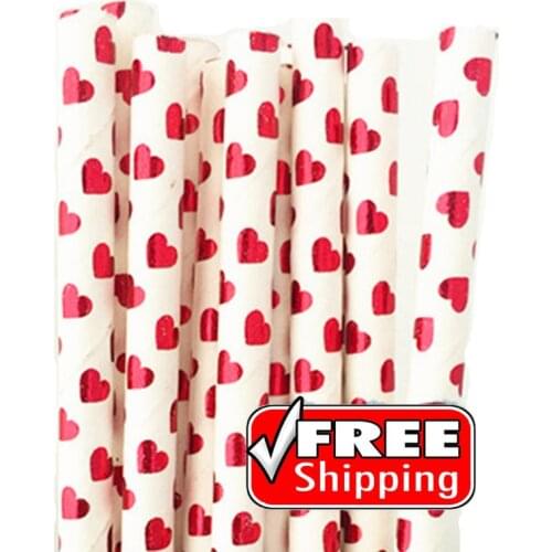 200pcs Metallic Red Foil Heart Paper Straws Bulk-Shiny Bridal Shower Anniversary Valentines Day Party Drinking Paper Straws