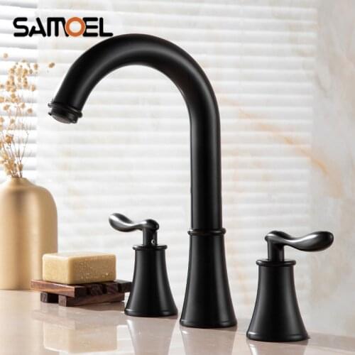 Free Shipping Deck Mounted Brass Black 3 hole Basin Mixer Taps Dual Handles Bathroom Sink Faucet 3pcs set B3308